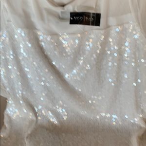 Dressy white t with sequins cap sleeve netting